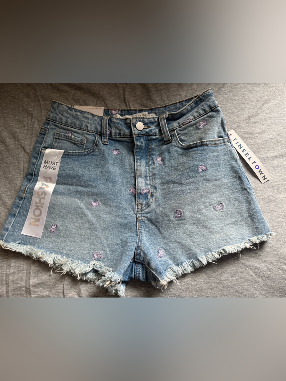 Tinseltown Light Blue Denim Shorts with Pink Embroidery